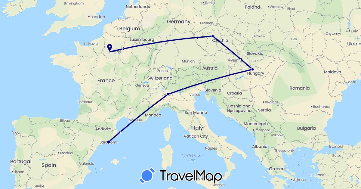 TravelMap itinerary: driving in Czech Republic, Spain, France, Hungary, Italy (Europe)